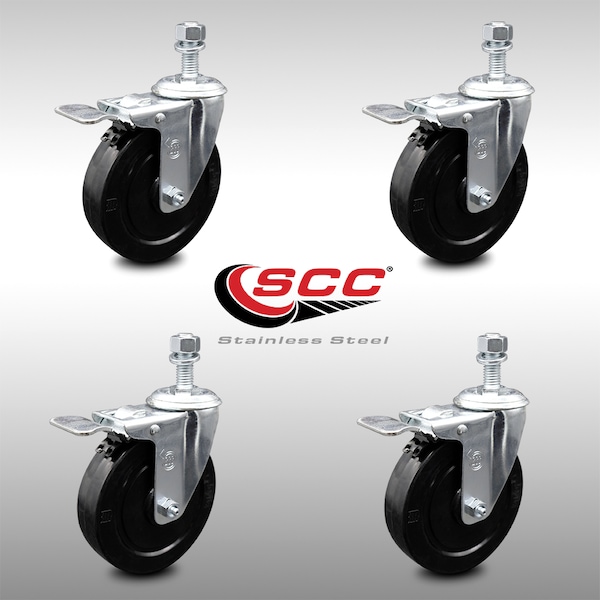 5 Inch SS Soft Rubber Swivel 10mm Threaded Stem Caster Set Total Lock Brake